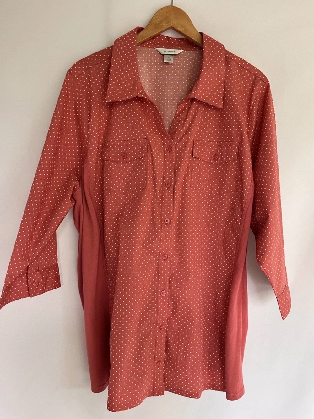 CJ Banks Women’s Terracotta White Polka Dot Collared Button-Up 3/4 Sleeve 3X